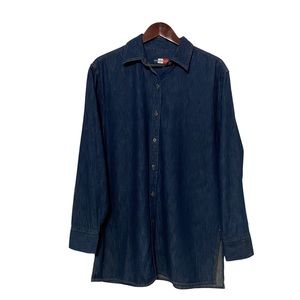 Y2K Vintage French Cuff Denim Button Down Shacket Tunic Oversized Shirt Blue